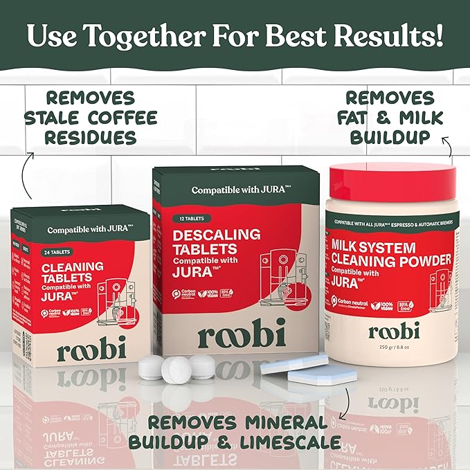 Roobi Jura Compatible Descaling Tablets. 12 Jura Descaling Tablets for Automatic Espresso Coffee Machines. 100% Vegan, Carbon Neutral.