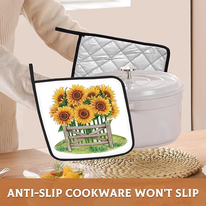 Sunflower Filed Pot Holders Set of 2 Heat Resistant Potholders,Fire Oven Hot Pads for Kitchen Cooking Baking Barbecue