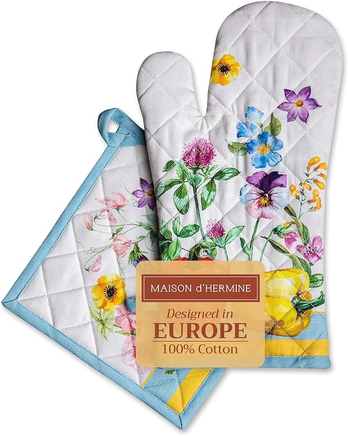 Maison d' Hermine 100% Cotton Oven Mitt & Pot Holder Set (7.5"x13" & 8"x8") Heat Resistant BBQ Cooking Gloves with Loop, Baking, Grilling, Kitchen, Handling Hot Pans Spring/Summer (Giverny)