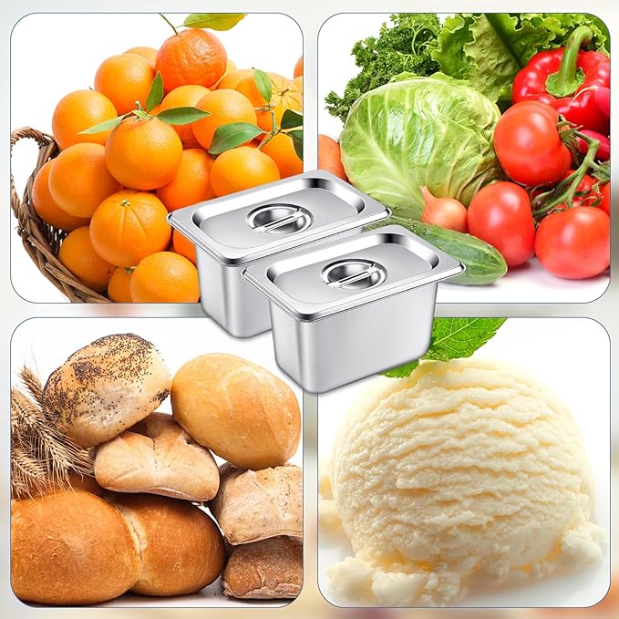 Mifoci 6 Pack Stainless Steam Hotel Pan with Lid, 1/9 Size x 4 Inch Deep Steam Table Pan Restaurant Supplies Reusable Anti Rust Catering Storage for Home, Party, Restaurant, Hotel, Buffet