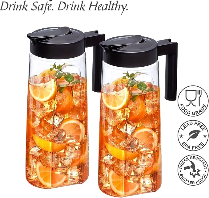 Amazing Abby - Slim - 2-Pack Tritan Pitcher (64 oz), Unbreakable Plastic Water Pitcher with Lid, BPA-Free, Heat-Resistant, Dishwasher-Safe, Great for Both Iced and Hot Drinks, Black