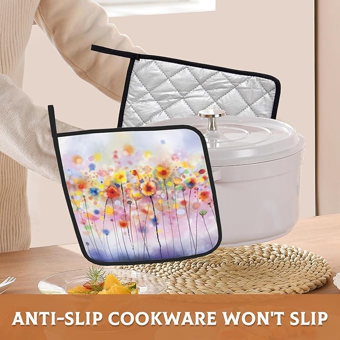 Abstract Florl Pot Holders Set of 2, Kitchen Heat Resistant Potholder for Microwave Cooking Baking Oven End Dishes and BBQ