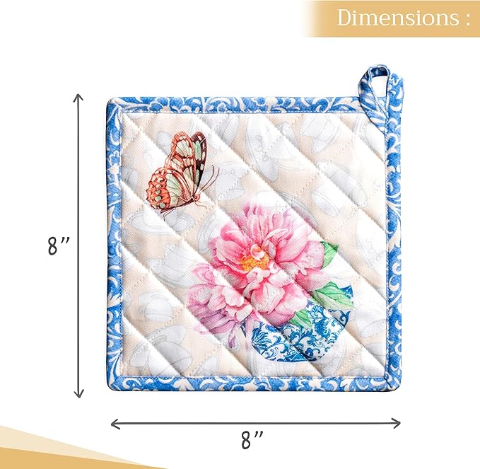 Maison d' Hermine Pot Holders 100% Cotton Heat Resistant Potholders 8" x 8" Hot Pads with Loop BBQ, Cooking, Baking, Grilling, Kitchen, Handling Hot Pans Spring/Summer (Pack of 1, Canton)