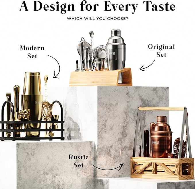 BARE BARREL® Mixology Bartender Kit Bar Set | 14-Piece Cocktail Shaker Set | Martini Barware Mixing Tools for Home Bartending | Incl. 35 Recipe Cards | Gift Set (28oz Boston Shaker, Silver/Black)