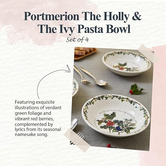 Portmeirion Holly and Ivy 8-Inch Serving Bowls (Set of 4) - Holiday Earthenware for Christmas Feasts, Ideal for Pasta, Soups, Desserts - Oven, Microwave, Freezer, Dishwasher Safe - Seasonal Tableware