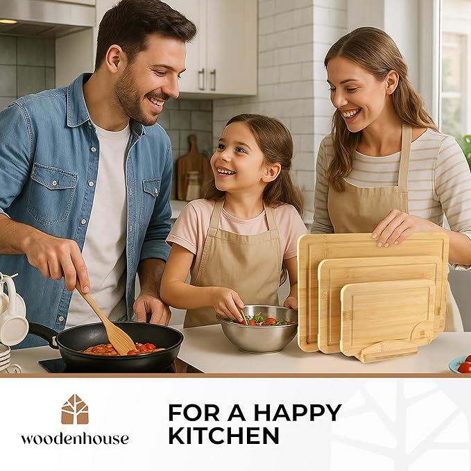Bamboo Cutting Board Set of 3 with Holder, Light Color, Durable & Eco-Friendly, Perfect for Chopping, Serving, and Food Prep - Wooden Cutting Boards for Kitchen, Wood Cutting Board