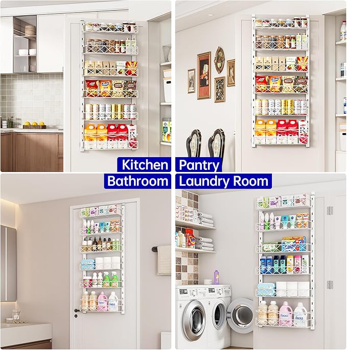 MIAOLI Over the Door Organizer, White 6-Tier Pantry Door Organizer with Adjustable Basket, Hanging Spice Rack Cabinet Door Shelves, Laundry Room Organization and Storage