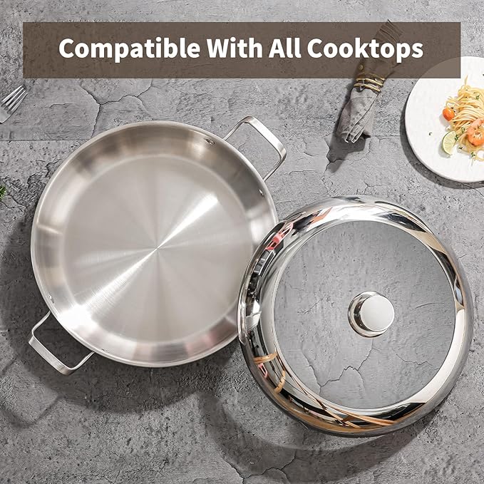 DELARLO 14 inch Paella Pan With Lid Tri-Ply Large Frying Pan Stainless Steel,Induction Skillets,Fast Heating Cookware,Indoors Outdoors,paelleras para 12 personas Jumbo Cooker