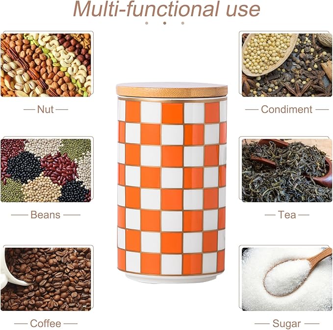 Kitchen countertop ceramic grid pattern airtight jar set - a set of 3 kitchen jars with layered shelves, sealed countertop flour and sugar containers, coffee and tea storage (Orange)