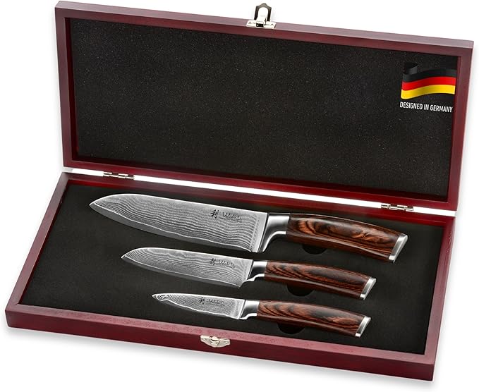 Wakoli EDIB Chef Knife Set 3-Piece – Japanese Style Damascus Kitchen Knives | Genuine Damascus Steel Blades with VG10 Core | Ergonomic Pakkawood Handles | Professional Knife Set in Wooden Gift Box