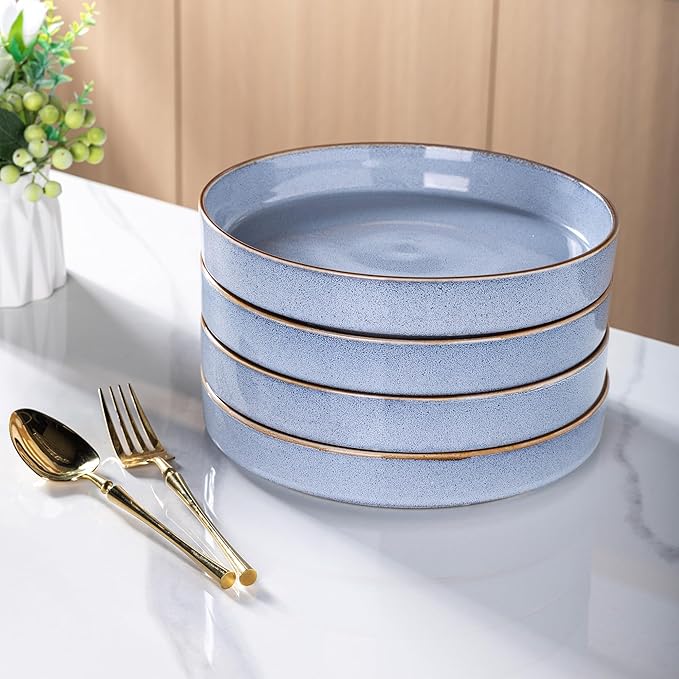 GBHOME 9'' Large Ceramic Pasta Bowls, 32oz Stoneware Pasta Serving Bowls Set of 4 for Kitchen, Wide Bowls for Fruit,Pasta,Salad,Oatmeal,Meal, Microwave Safe, Reactive Glaze-Brunnera Blue