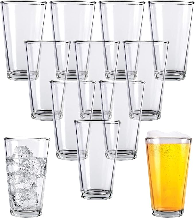 Pint Beer Glasses Set of 12 – 16 oz Tall Clear Drinking Glasses and All Purpose Tumblers – Heavy Base Cocktail, Water, Juice Glass – Pub Style Design For Home Dining, Bars, and Parties