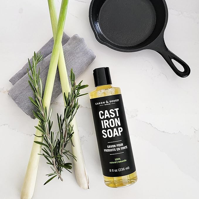 CARON & DOUCET - Cast Iron Cleaning & Conditioning Set: Seasoning Oil & Cleaning Soap | 100% Plant-Based | Best for Washing, Restoring & Seasoning Cast Iron Skillets, Pans & Grills! 8oz Each