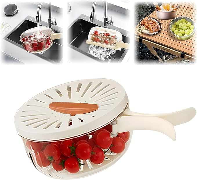 2 in 1 Draining and Preservation Basket,1QT(1000ML) Multipurpose Drain Basket with Lid & Foldable Handle,Fruit Strainer Container for Fridge Freshness,Outdoor Picnics