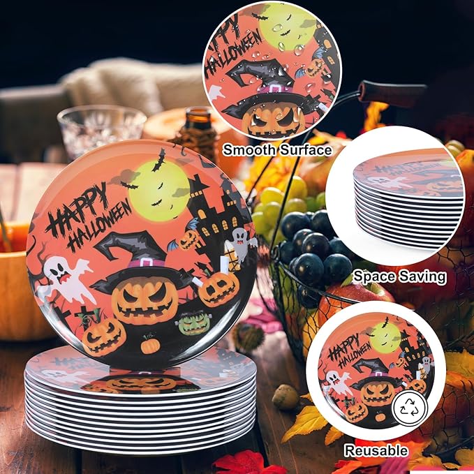 10-Inch Halloween Melamine Dinner Plates, 12-Piece Dishes Set, Lightweight & Stackable for Holidays& Decor Party plates, Ideal for Salad,Dessert,Fruit and Cakes-Halloween Pattern