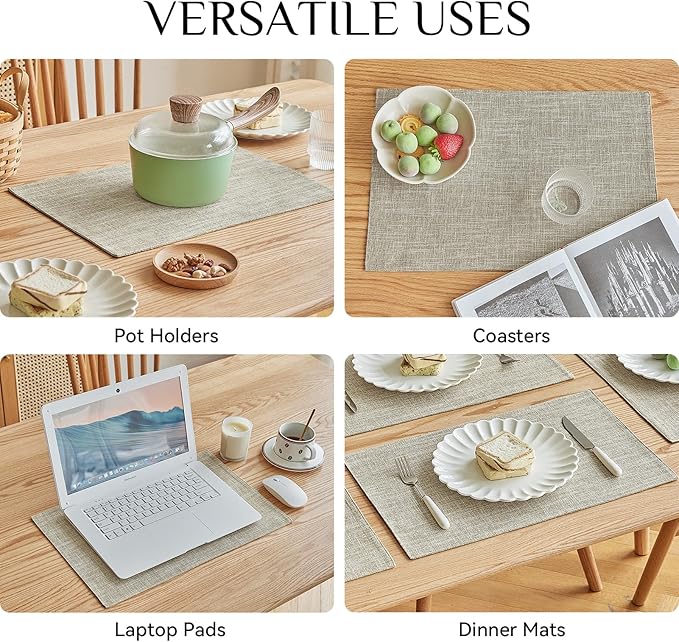 Softalker Faux Linen Placemats Set of 4-12 x 18 Inch, Heat Resistant Double Layered Durable Burlap Farmhouse Place Mats, Non-Slip Washable Rustic Table Mats for Dining, Kitchen, Party(Beige
