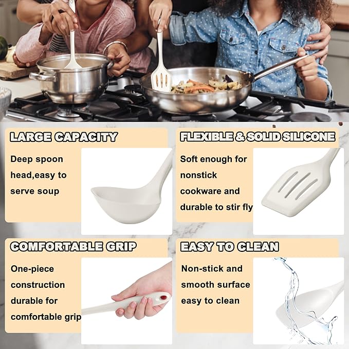 E-far 10 Pieces Silicone Cooking Utensils Set, Heat Resistant Kitchen Utensil Set for Nonstick Cookware, Kitchen Cooking Tools with Spatula, Spoon, Slotted Turner, Non-Toxic & Dishwasher Safe (White)