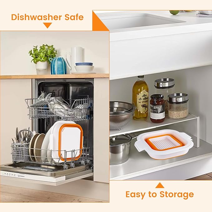 Collapsible Colander Set with Strainer Bowl, 2 in 1 Fruit Washing Basket with Strainer, 5 + 3 QT Plastic Colander for Kitchen, Foldable Double Layered Colanders Bowl for Berry, Vegetable, Orange