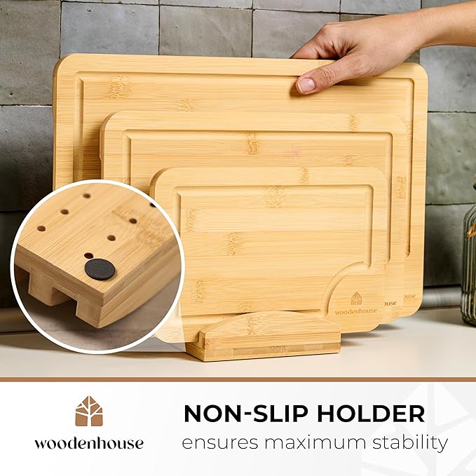 Bamboo Cutting Board Set of 3 with Holder, Light Color, Durable & Eco-Friendly, Perfect for Chopping, Serving, and Food Prep - Wooden Cutting Boards for Kitchen, Wood Cutting Board