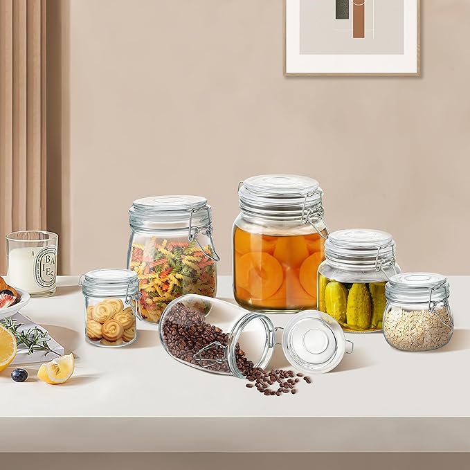 Glass Food Storage Jars with Airtight Lids 10 oz Cylinder 4 Pack Kitchen Storage Containers Small Cabinet Canisters Sealed Pot Canning for Pasta, Cereal, Coffee, Beans, Spice