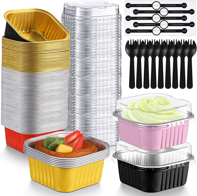 Vesici 100 Set 5 oz Mini Cake Pans with Lids & Spoons Square Aluminum Foil Baking Loaf Pans Disposable Dessert Cups with Stickers for Wedding Birthday Party Picnics, 4 Color