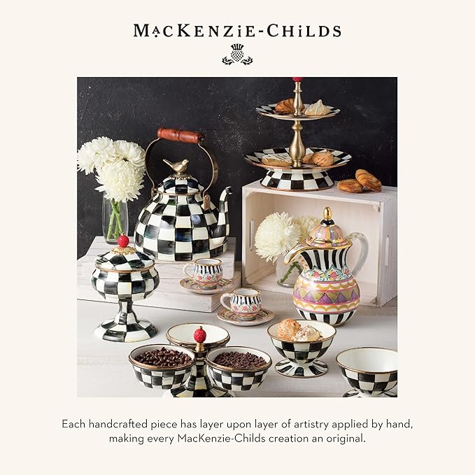 MACKENZIE-CHILDS Highball Glasses, Tall Drinking Glasses with Gold Rims, 15 Ounces, Set of 2, Black-and-White Courtly Check