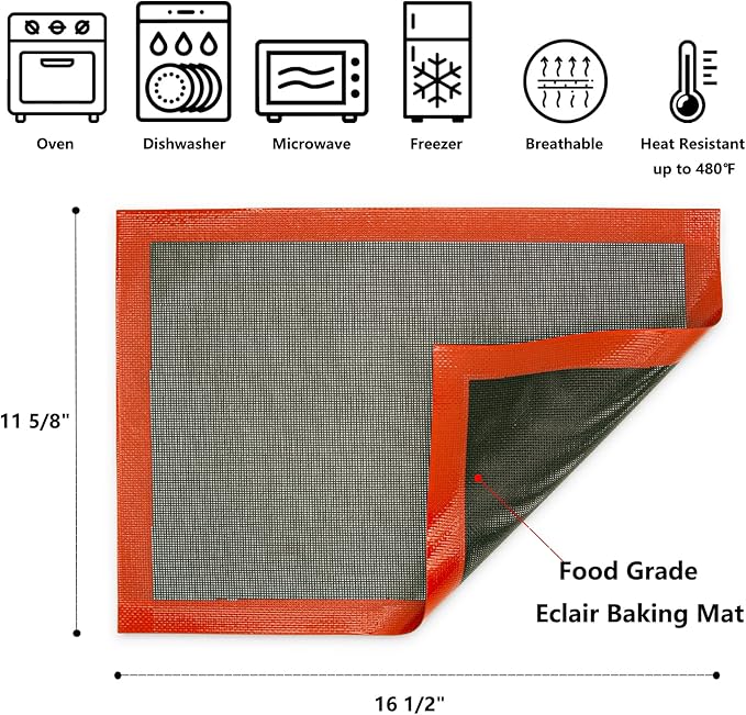 AMYONE Perforated Baking Mats, 2 PCS Eclair Silicone Mat for Half Sheet, Non-Stick Reusable Oven Liners for Making Bread/Pizza/Pastry/Cookie 11 5/8" x 16 1/2"