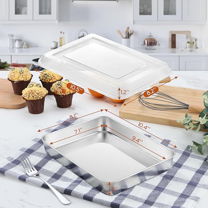 10⅜ x 8⅛ x 2 Inch Baking Pan with Lid, 2 Pack Stainless Steel Lasagna Rectangular Cake Pan, Non Toxic & Healthy