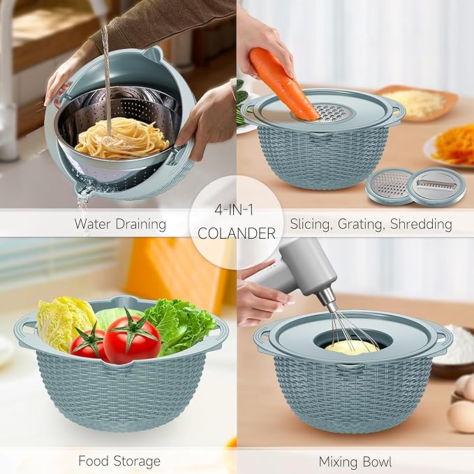 4-1 Strainer Bowl with Lid Set - Strainers and Colanders - Colanders for kitchen - Food Strainer with Graters & Spoons - Fruit Washing Bowl with Colander Pasta Rice Strainer for Veggie Wash - Blue