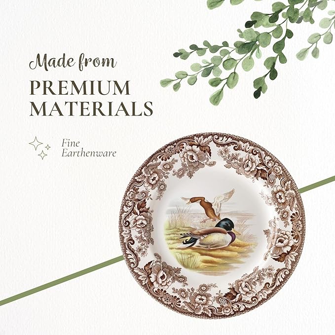Spode Woodland Mallard 9" Soup Plate - Rustic Fine Earthenware Bowl for Soup, Salad, Pasta with Bird Design - Microwave, Oven, Freezer & Dishwasher Safe - Matches Woodland and Delamere Collections