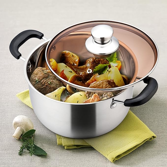 E-far 3 Quart Stock Pot, Stainless Steel Metal Soup Pot with Glass Lid for Cooking, Healthy & Rust Free, Heavy Duty & Dishwasher Safe