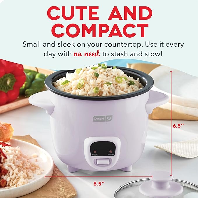 Dash Mini Rice Cooker Steamer with Removable Nonstick Pot, Keep Warm Function & Recipe Guide, 2 cups, for Soups, Stews, Grains & Oatmeal - Lavender