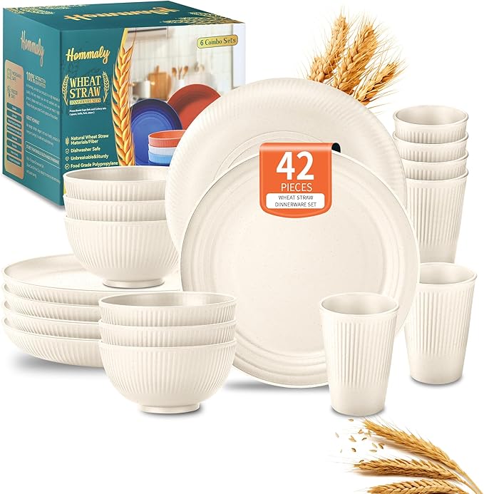 Wheat Straw Dinnerware Sets,42-Piece Beige Plates and Bowls Sets for 6-Unbreakable,Reusable Plastic Dish Set-Dinner Plate/Cereal Bowl/Cup/Utensils-Microwavable Dishwasher Safe 42P-Beige