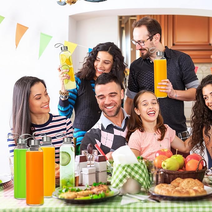 12 Pack 18oz Glass Juice Bottles with Lids Carry Strap, Reusable Glass Water Bottle BPA Free Leakproof Wide Mouth Smoothie Tea Coffee Cold Brew Storage Refrigerator Safe