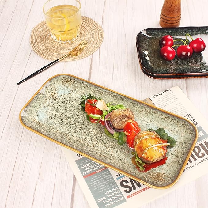 Ceramic Dinner Plates Dish Set, Set of 4, Microwave Oven and Dishwasher Safe,Scratch Resistant, Dinnerware Kitchen Porcelain Serving Dishes Brown glaze change, 12.4 Inch Rectangle plate