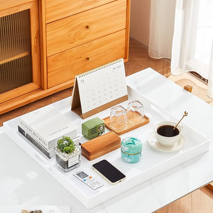 Oversize Extra Large King Size Bed Tray for eating Big Glossy White Acrylic Serving Tray with Handles 24x24 Inch -Spill Proof- Decorative Countertop Organizer for Ottoman,Bed,Party, Butler Tray