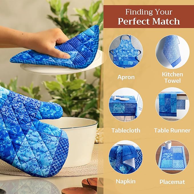 Maison d' Hermine Pot Holders Set 100% Cotton Heat Resistant Potholders 8" x 8" Hot Pads with Loop BBQ, Cooking, Baking, Grilling, Kitchen, Handling Hot Pans Spring/Summer (Pack of 2, Indigo Love)