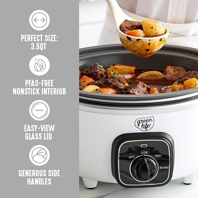 GreenLife 3.5QT Slow Cooker, Non-Toxic PFAS-Free Ceramic Nonstick Removable Interior Bowl, Programmable, Keep Warm, Stovetop & Oven Safe, Dishwasher Safe Parts, Glass Lid, White