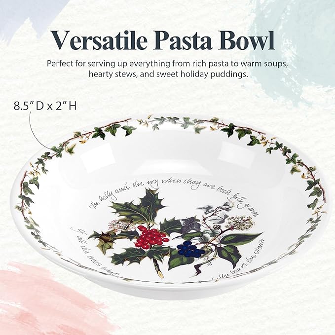 Portmeirion Holly and Ivy 8-Inch Serving Bowls (Set of 4) - Holiday Earthenware for Christmas Feasts, Ideal for Pasta, Soups, Desserts - Oven, Microwave, Freezer, Dishwasher Safe - Seasonal Tableware