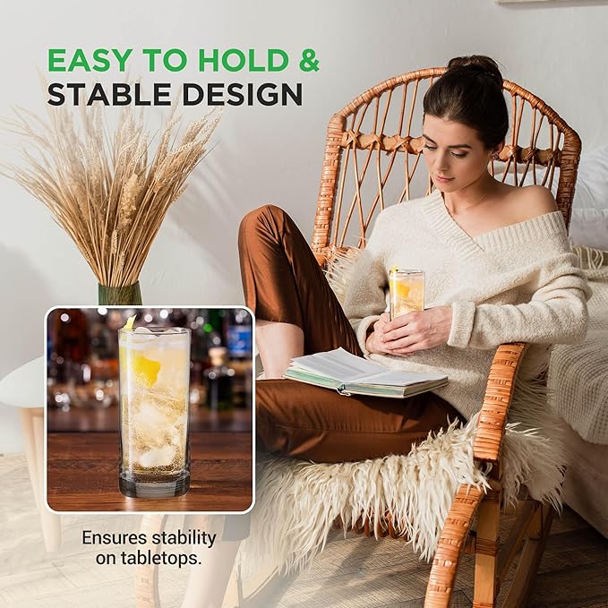 14.2oz Highball Drinking Glasses - Set of 2 Heavy Base Tall Tumbler Clear Glassware for Water, Wine, Beer, Liquor, Gin, Cocktail, Whiskey, Juice, Iced Coffee, Mixed Drinks, Dishwasher Safe