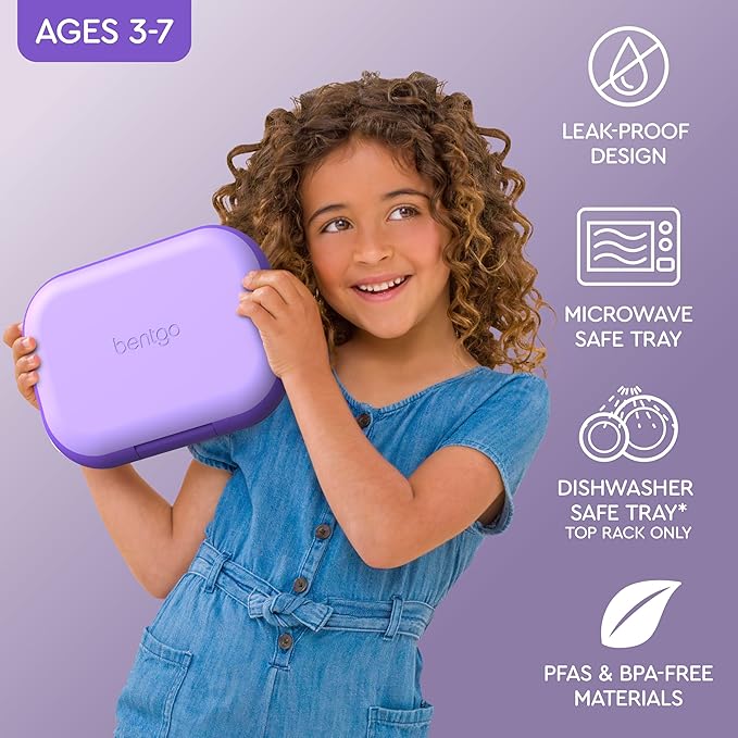 Bentgo Chill Kids Leak-Proof Lunch Box - 4-Compartment Bento Box with Built-In Ice Pack, 3.3 Cup Capacity, PFAS & BPA-Free, Microwave & Dishwasher Safe, Ideal Size for Ages 3 to 7 (Purple)