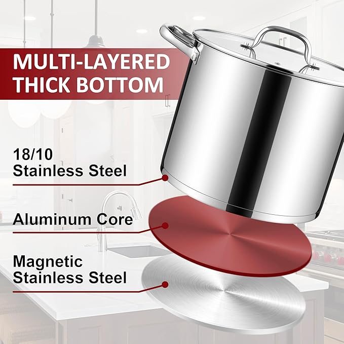 Herogo 12-Quart 18/10 Stainless Steel Stock Pot with Lid, Large Heavy Duty Soup Pot Compatible with Electric, Gas, Induction and Various Cooktops, Dishwasher Safe