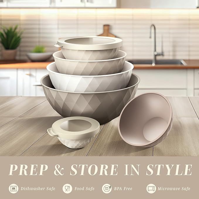 COOK WITH COLOR Mixing Bowls with Lids - 12 Piece Plastic Nesting Bowls Set includes 6 Prep Bowls and 6 Lids, Diamond Design - Microwave Safe