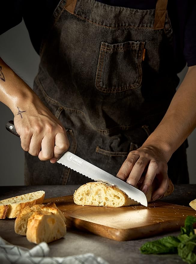 Bread Knife 8 Inch with Sheath - German High Carbon Stainless Steel, Ergonomic Grip Full Tang Wood Handle - Serrated Edge Home Kitchen Knife for Bread Tomatoes & Cake