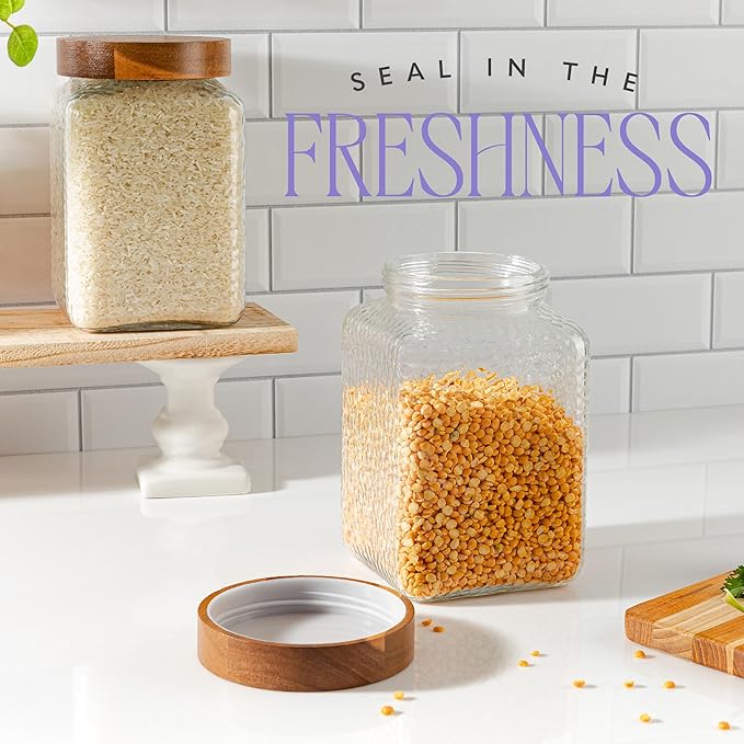 80oz Large Glass Kitchen Canister with Airtight Lid, Pantry & Countertop Organizing Storage Jar for Flour, Sugar, Coffee, Larger than Half Gallon Glass Container Set of 2 - Airtight Bamboo Lids