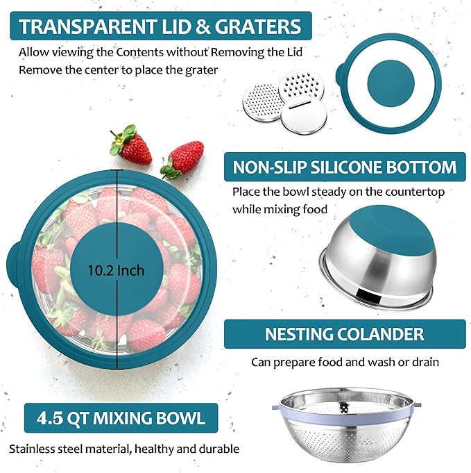 E-far Colander with Mixing Bowl Set, 4-1 Stainless Steel Colander Strainers Bowl with Graters for Kitchen, Rotatable Food Strainer Bowl for Rinsing Fruits Vegetables/Draining Pasta - Blue