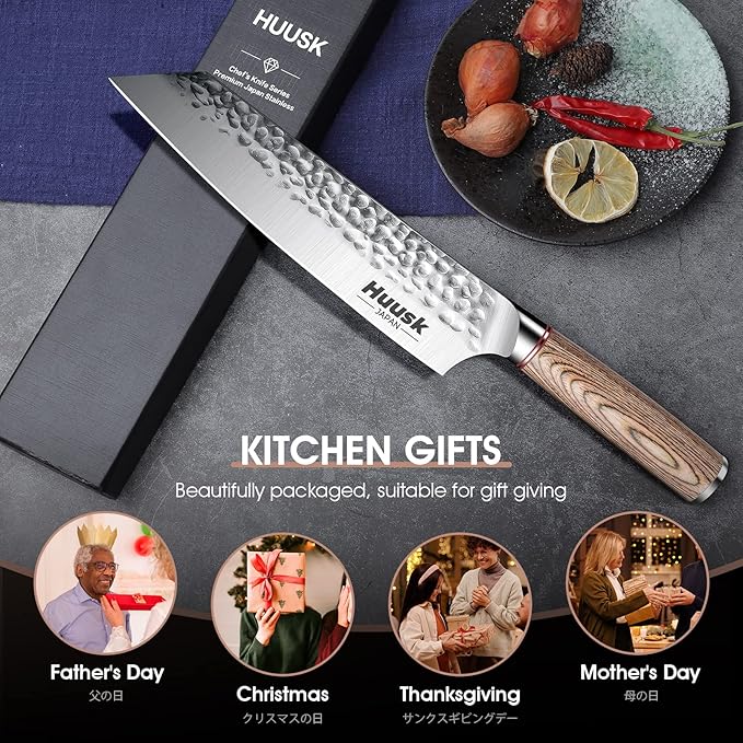 Huusk 8 Inch Kiritsuke Chef Knife Professional, High Carbon Steel Japanese Hand Forged Sushi Fish Knife, Ergonomic Pakkawood Handle - Father's Day for Men Women