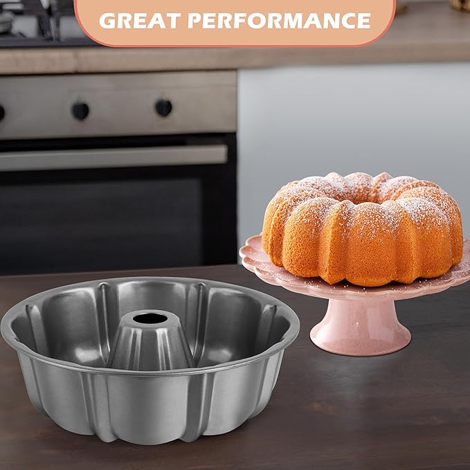 E-far 10 Inch Fluted Cake Pan, Nonstick Tube Pan for Baking Pound Cake, Heavy Duty Carbon Steel Round Baking Mold, Easy Release & Easy to Clean, 10 Cup, Gray