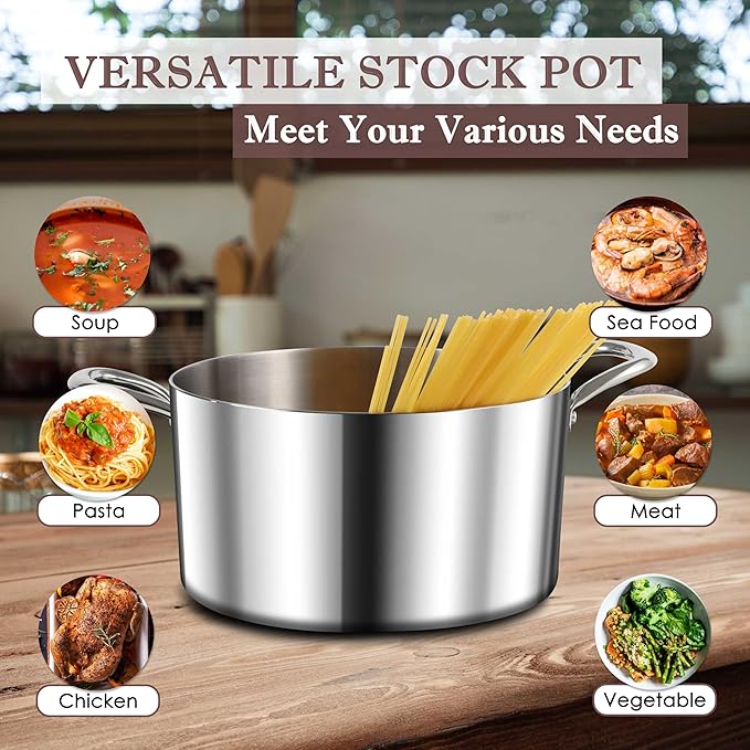 Herogo 6 Quart Stock Pot, 18/10 Stainless Steel Pasta Stockpot with Lid, 6 QT Cooking Pot with Handles, Tri-Ply Stockpot for Induction Gas Electric Stove, Dishwasher Safe