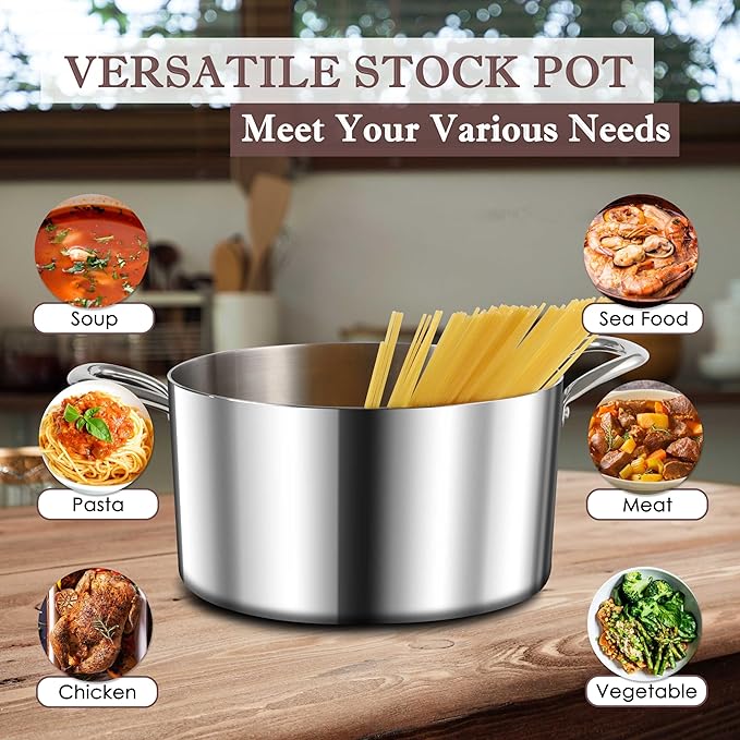 Herogo 4 Quart Stock Pot, 18/10 Stainless Steel Cooking Pot with Lid, Tri-Ply Pasta Stockpot with Handles, 4 QT Stockpot for Induction Gas Electric Stove, Dishwasher Safe